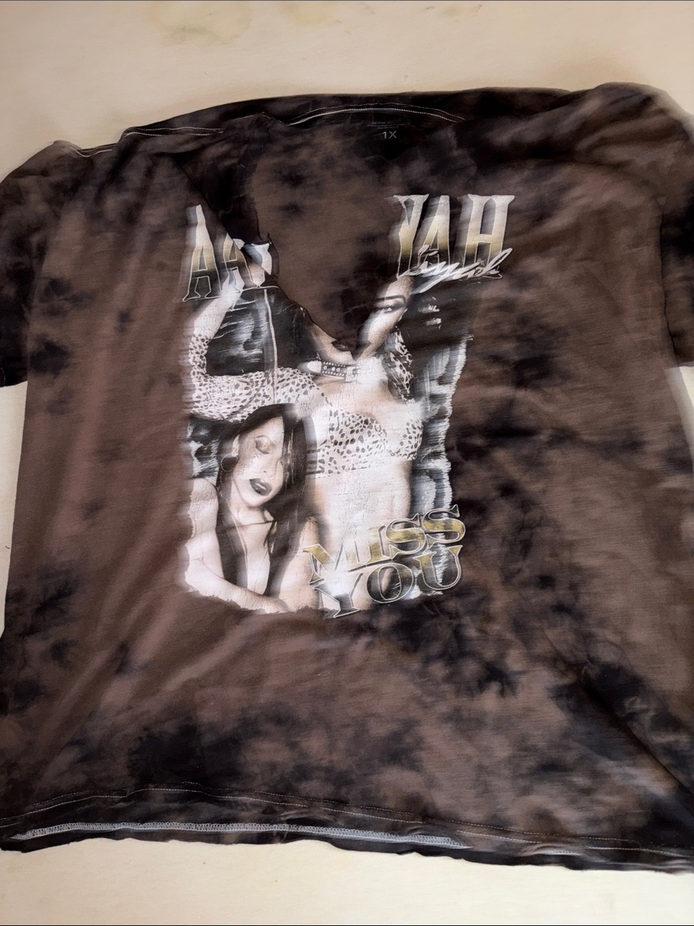 Womens Size 1X Aaliyah  Black Tie-Dye Graphic Tee - 'Miss You' Print